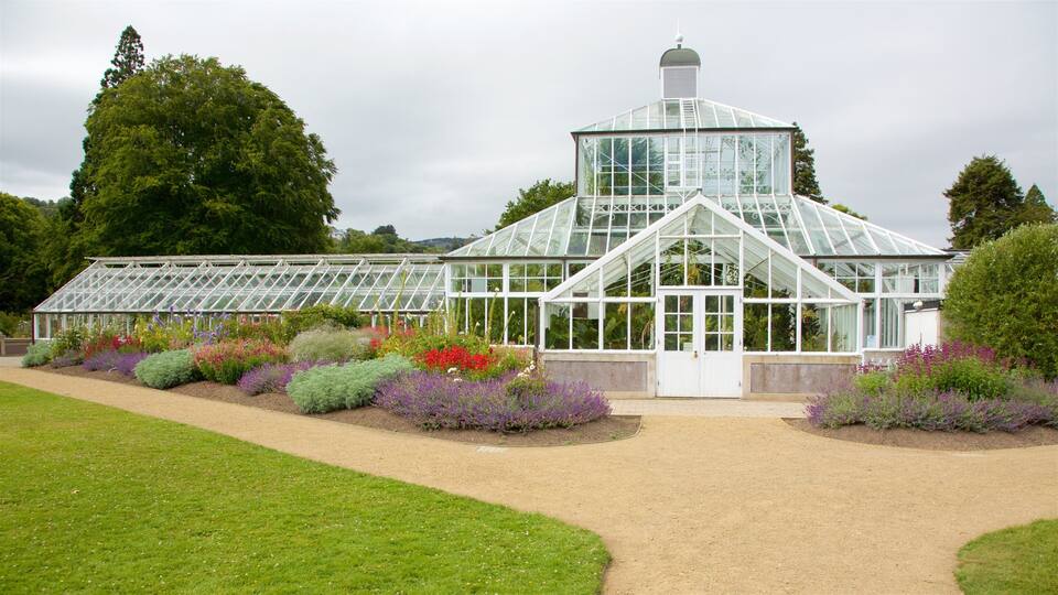 A large glass greenhouse surrounded by colorful flower beds and a well-maintained lawn.