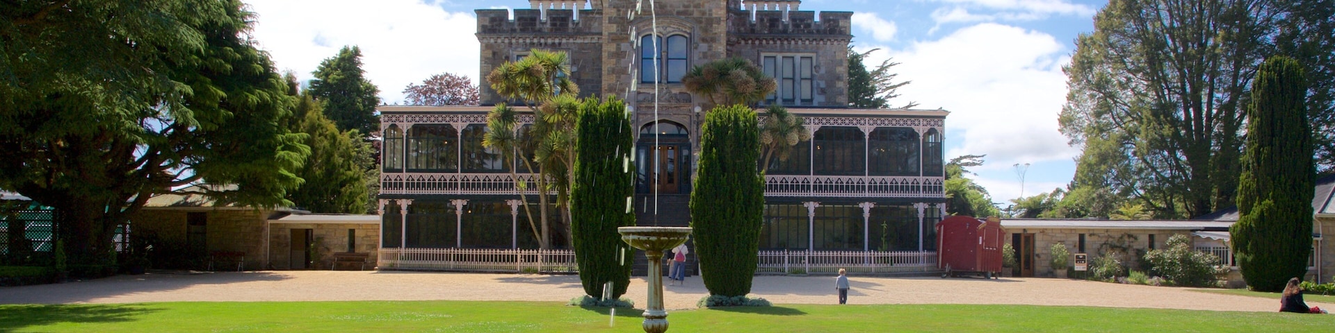 Larnach Castle caracterizando um pequeno castelo ou palácio, um parque e arquitetura de patrimônio