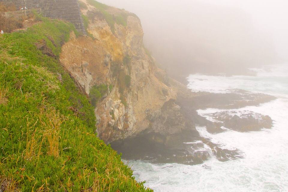 A coastal cliff with waves crashing against it, surrounded by green vegetation.