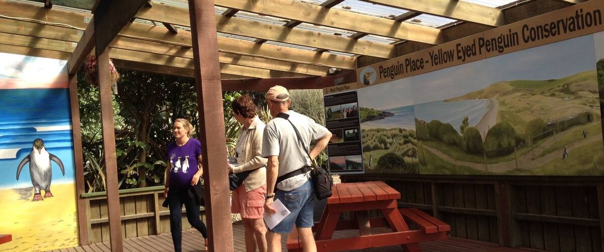 A wooden deck with a wooden table and benches, a hanging basket, and a banner for Yellow Eyed Penguin Conservation.