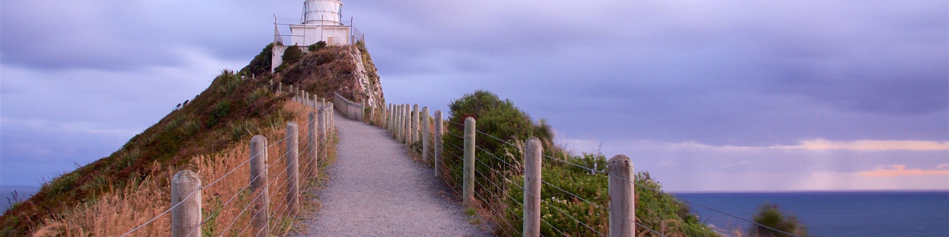 Nugget Point Lighthouse showing a sunset, a lighthouse and a bay or harbor