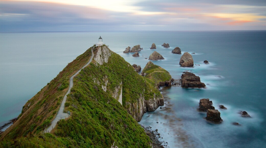 Nugget Point Lighthouse showing a bay or harbour, a lighthouse and mist or fog