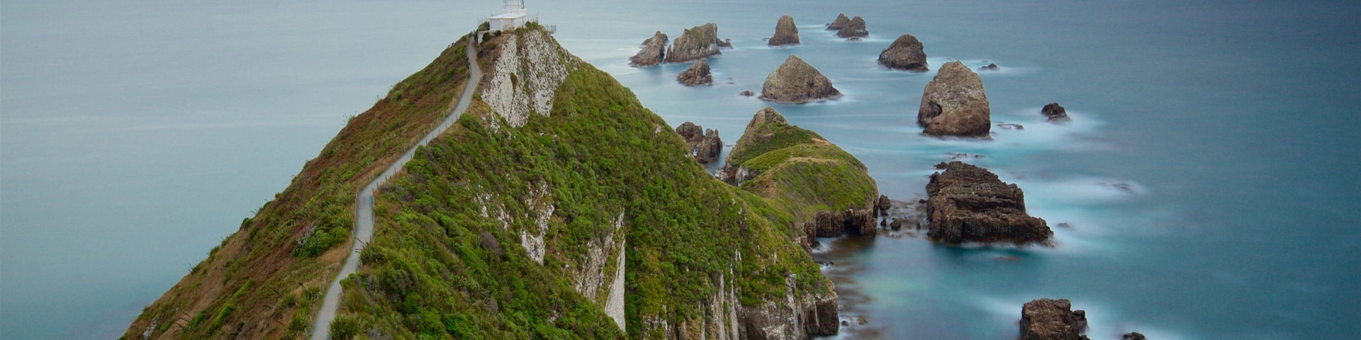 Nugget Point Lighthouse mostrando neblina, uma baía ou porto e um farol