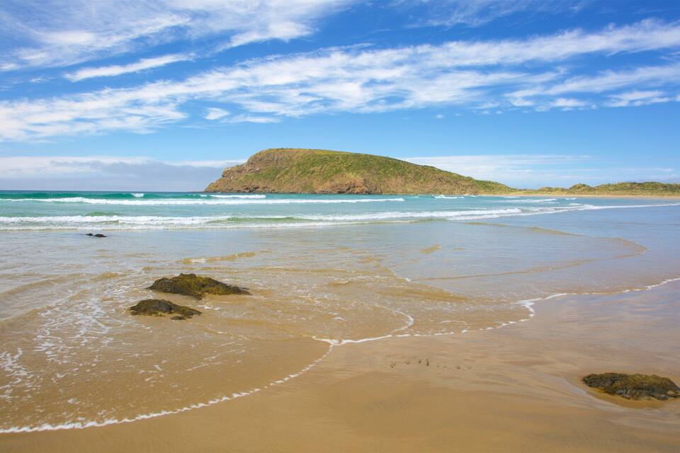 A beach with waves, a sandy shore, and a hill in the distance.