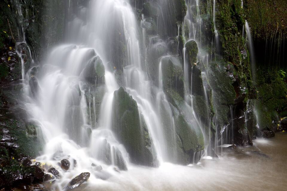 Une cascade d’eau se déversant sur des rochers couverts de mousse, dans une zone boisée.