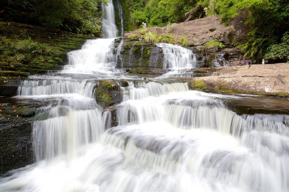 Une cascade à plusieurs niveaux, entourée d’une végétation luxuriante.