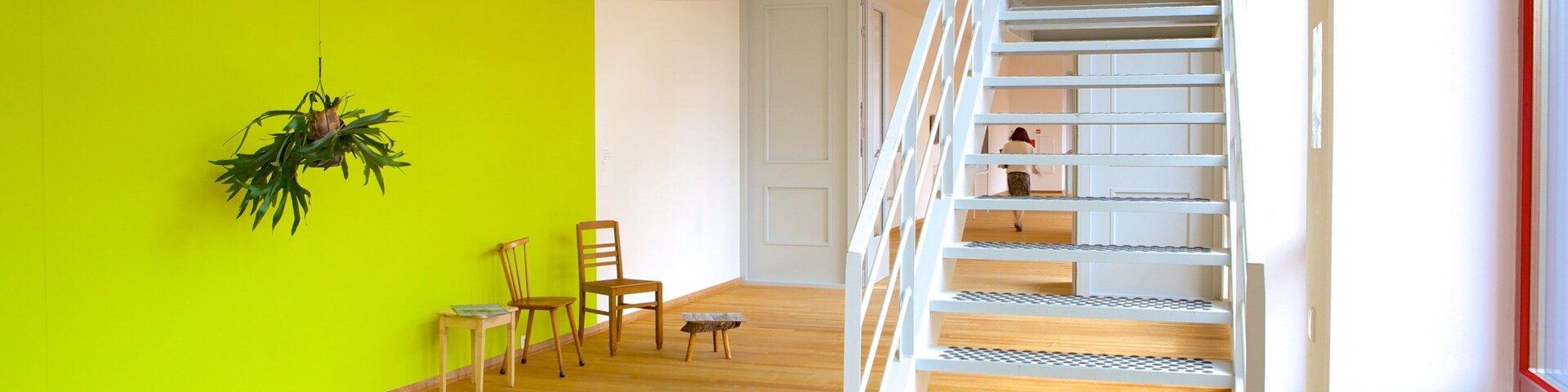 Eine Treppe mit Holzbodenstufen und Metallgeländern, eine leuchtend grüne Wand und eine hängende Pflanze.