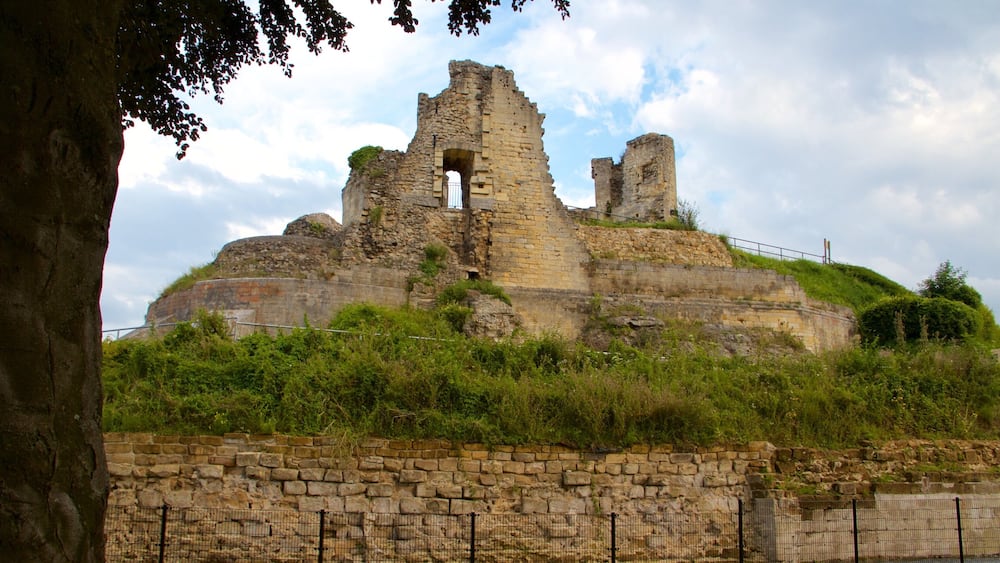 Eine alte, zerfallene Steinburg mit einem zentralen Turm und Zinnen, umgeben von üppiger Vegetation und einer Steinmauer im Vordergrund.