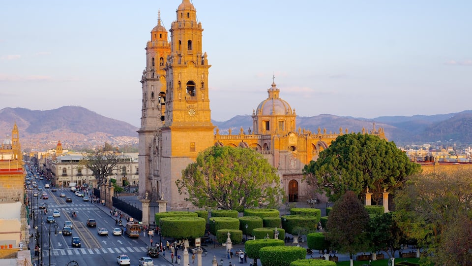 Morelia Cathedral which includes a church or cathedral and a city