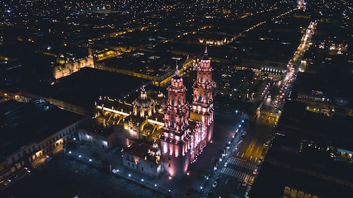 aerial of the cathedral of morelia at night