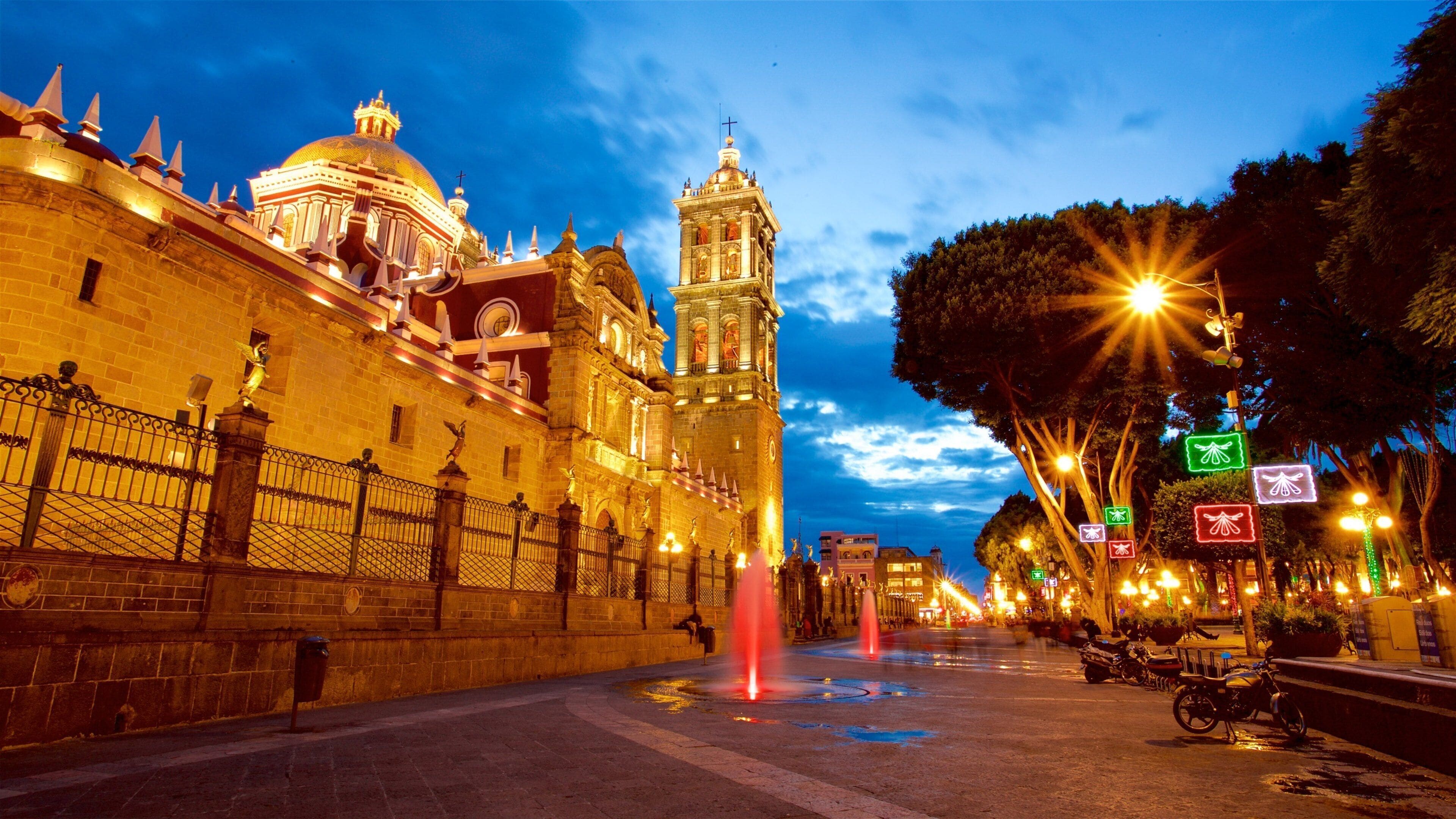 Puebla Cathedral which includes heritage architecture, a church or cathedral and a fountain