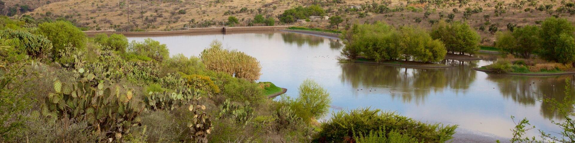 Un lago rodeado de vegetación escasa y colinas.