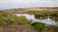 A lake surrounded by sparse vegetation and hills.