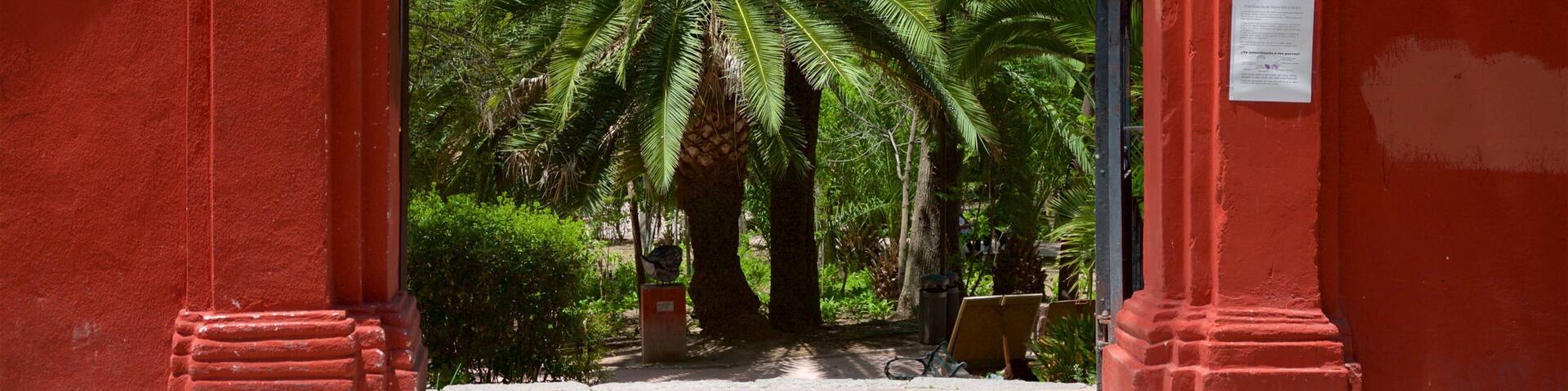 Una puerta roja con un letrero que dice "Parque Benito Juarez" que da a un camino bordeado de palmeras.