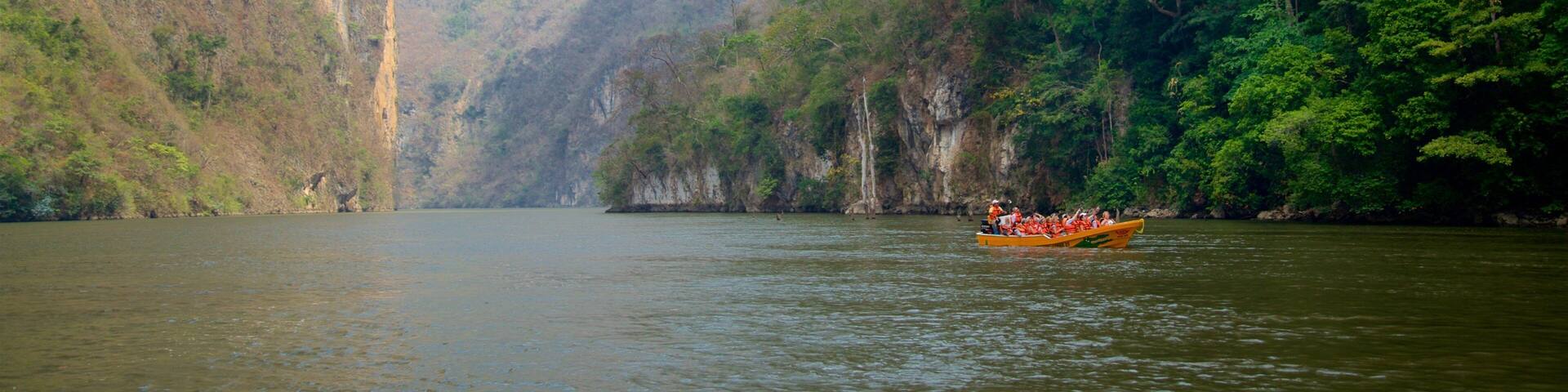 A river with a boat carrying people, surrounded by steep cliffs and dense greenery.
