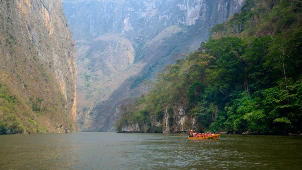 A river with a boat carrying people, surrounded by steep cliffs and dense greenery.