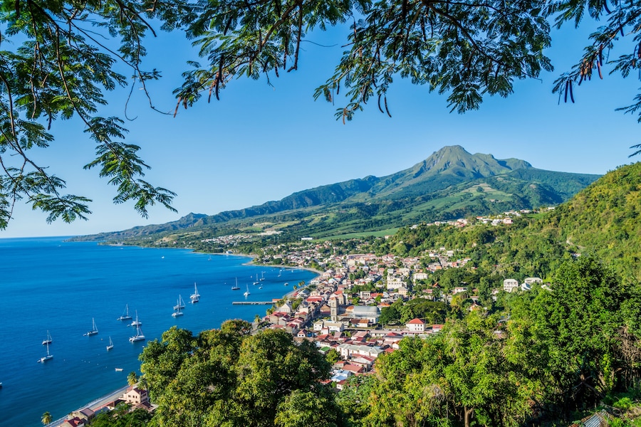 Saint Pierre Caribbean bay in Martinique beside Mount Pelée volcano