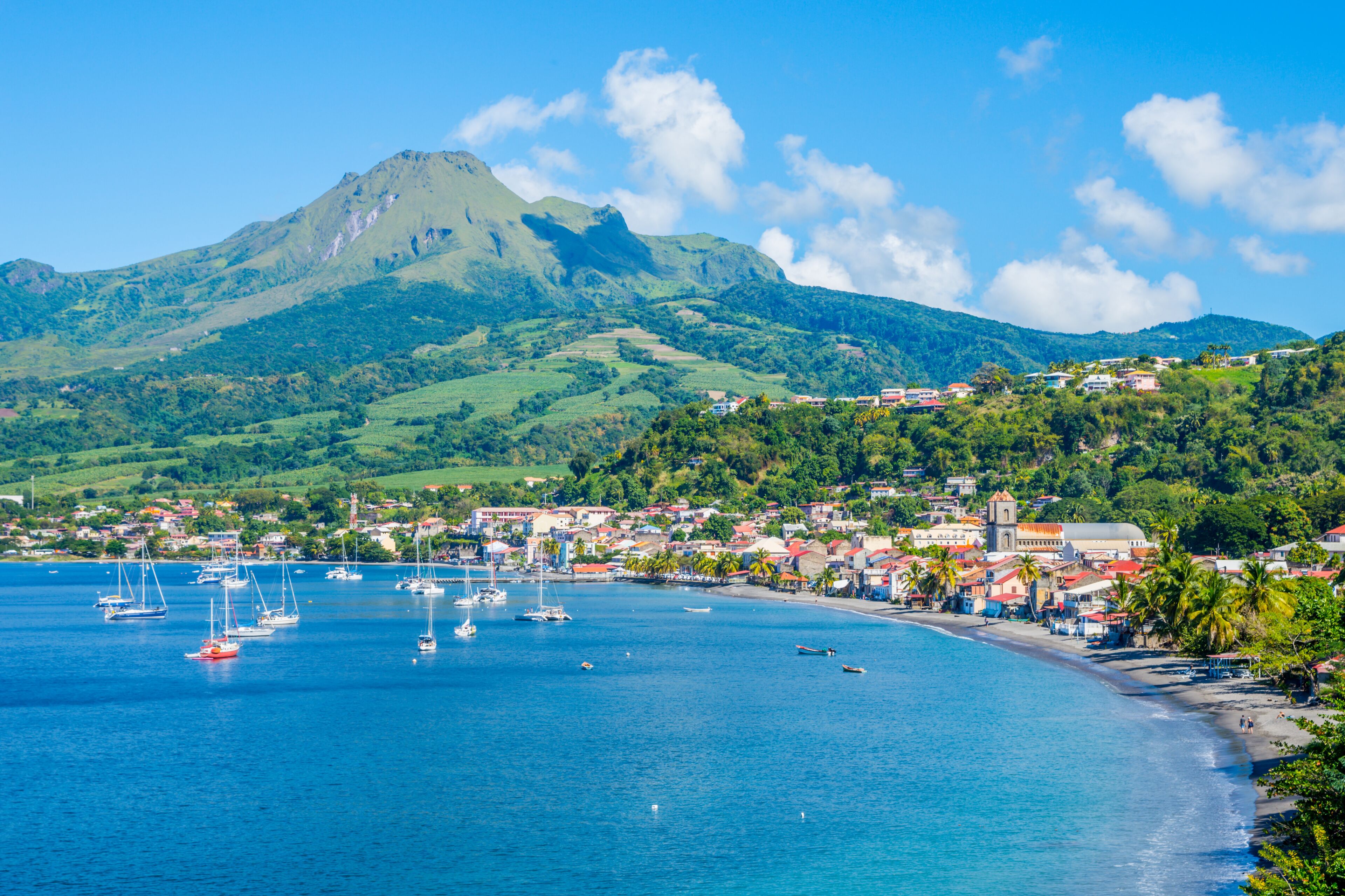 Saint Pierre Caribbean bay in Martinique beside Mount Pelée volcano