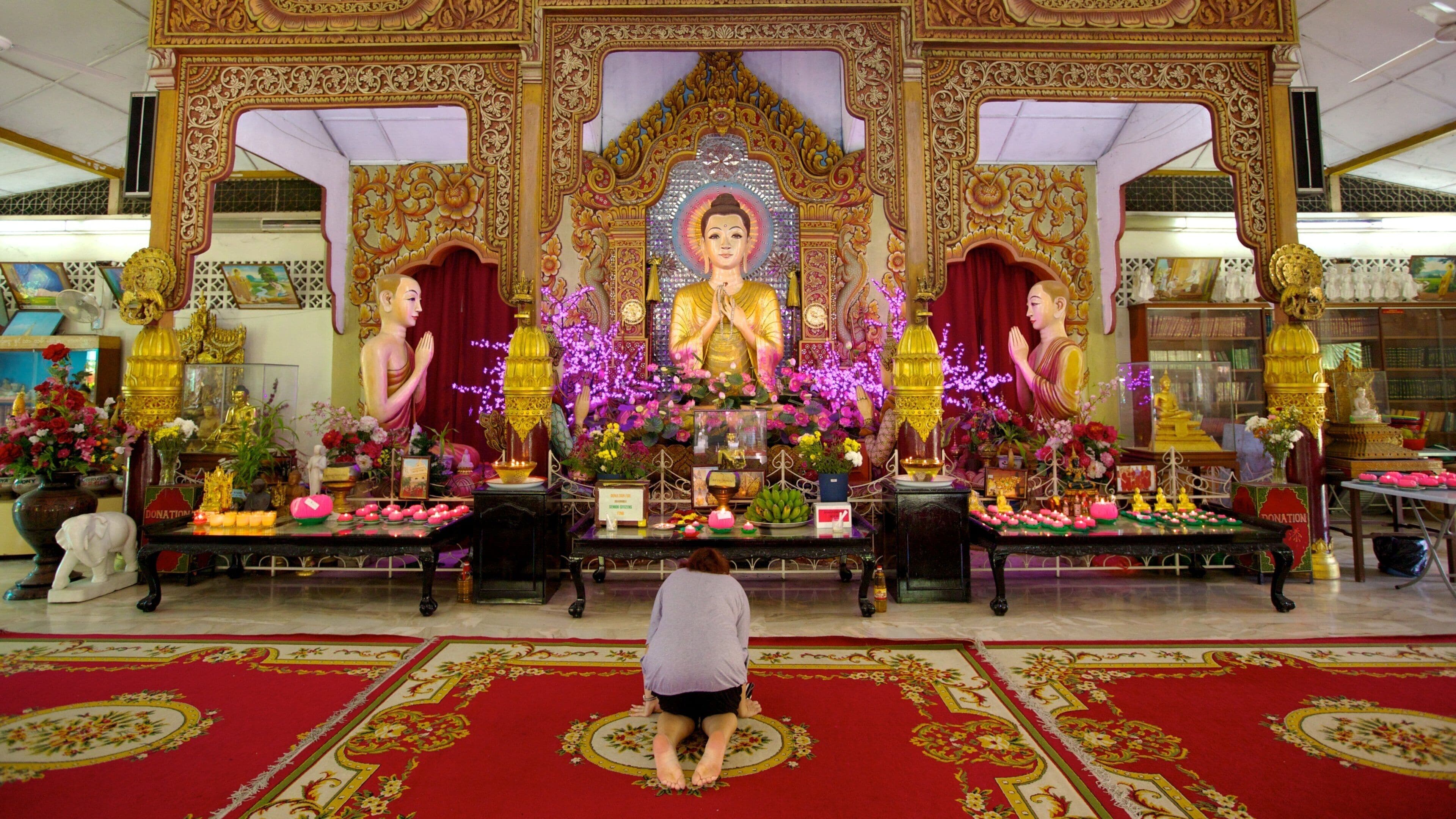 Templo Budista de Dhammikarama Burmese que inclui aspectos religiosos, vistas internas e um templo ou local de adoração