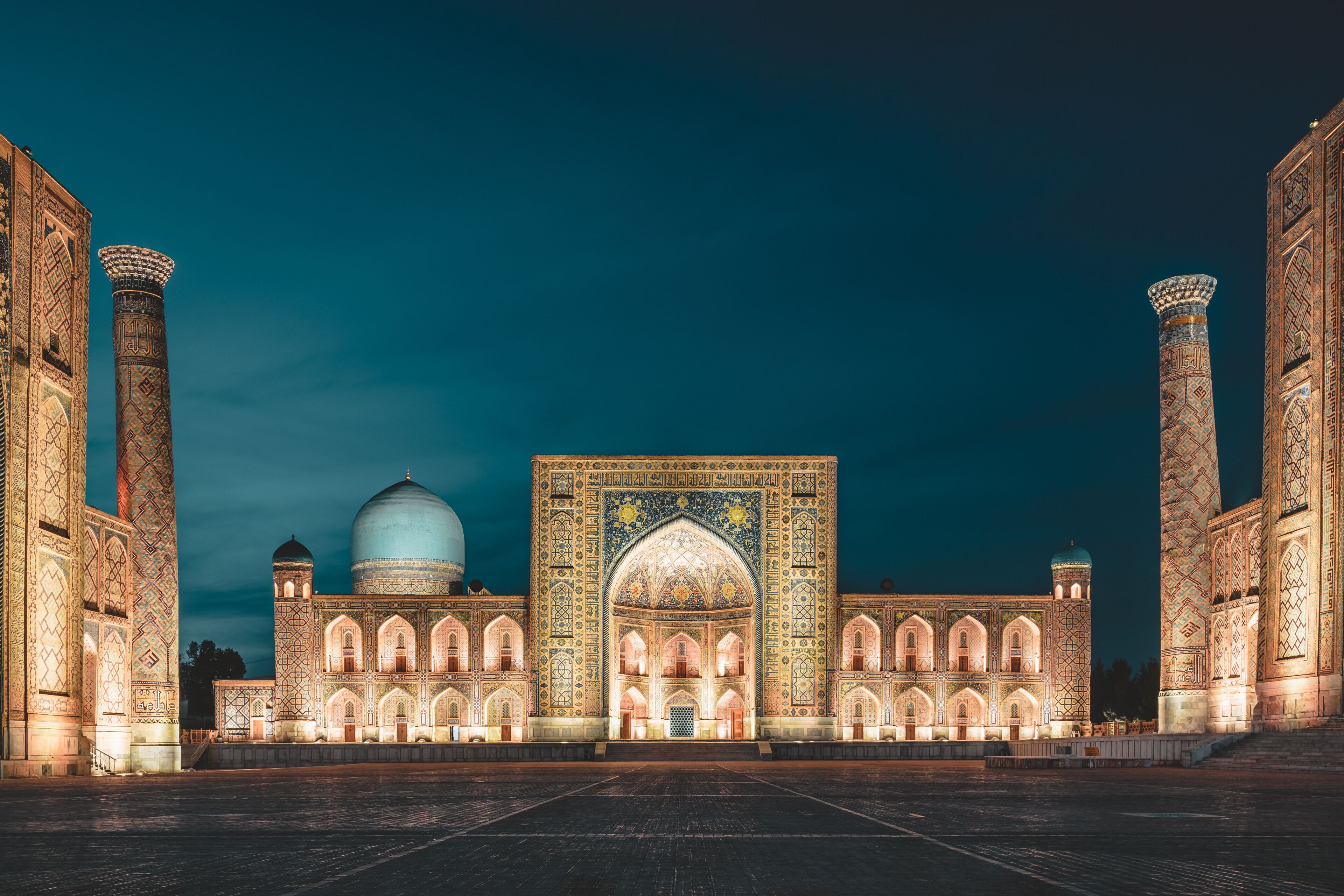 View to Registan Square at Night in Samarkand Uzbekistan