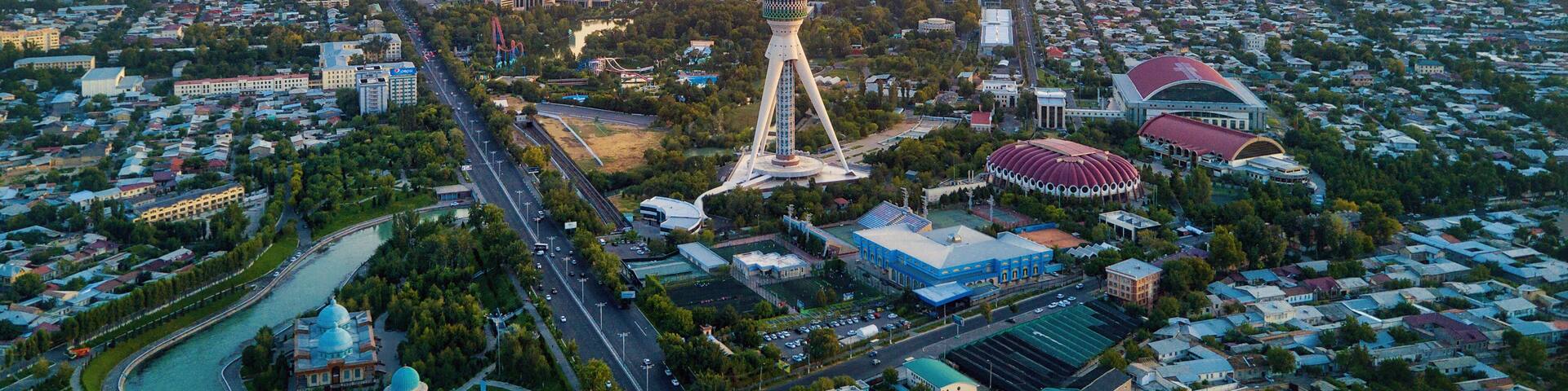 Tashkent TV Tower Aerial Shot During Sunset in Uzbekistan