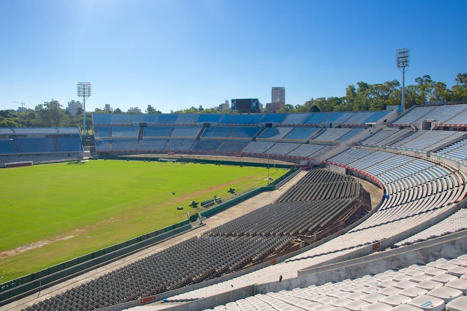 Un estadi gran i buit amb seients escalonats i un camp verd.