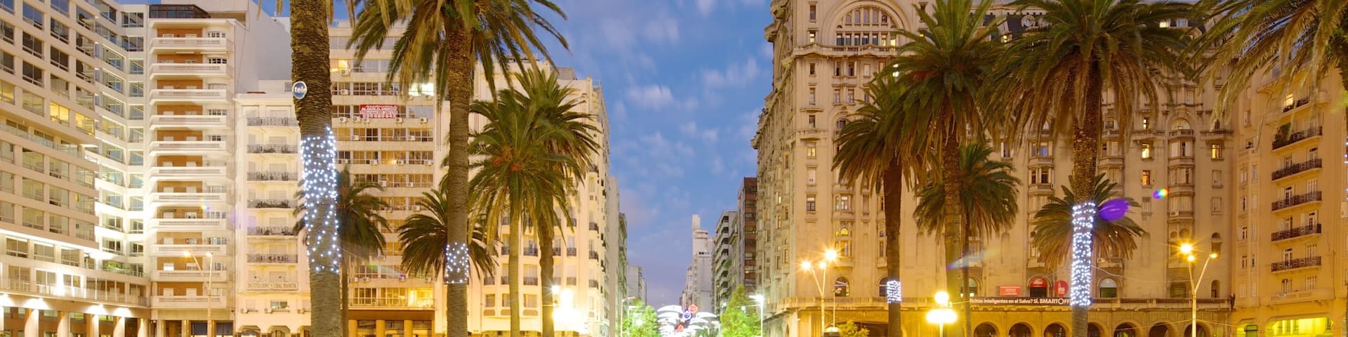 Salvo Palace showing a city, street scenes and a sunset