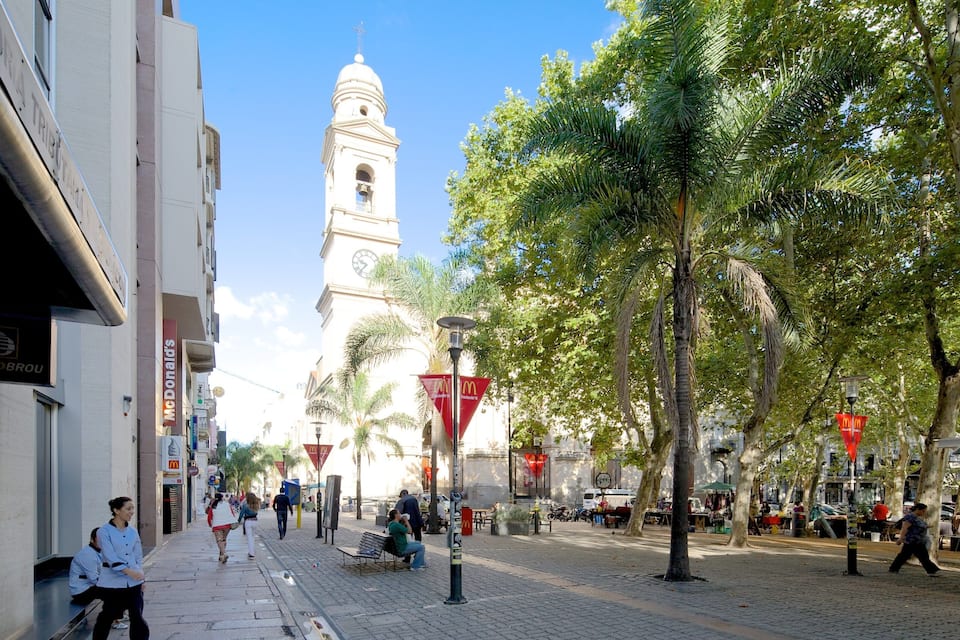 A city street with a prominent clock tower, palm trees, and various storefronts including a Red Brou restaurant.