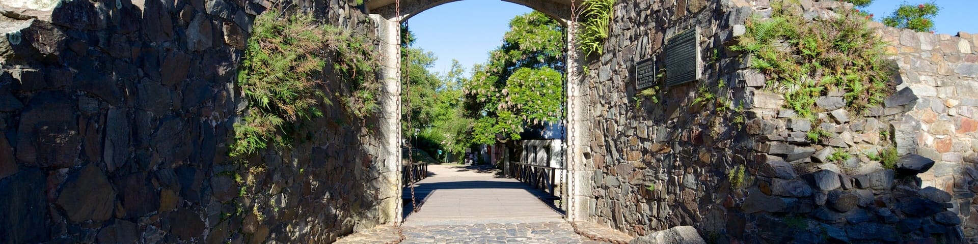 An ancient stone archway with a cobblestone path leading through it.