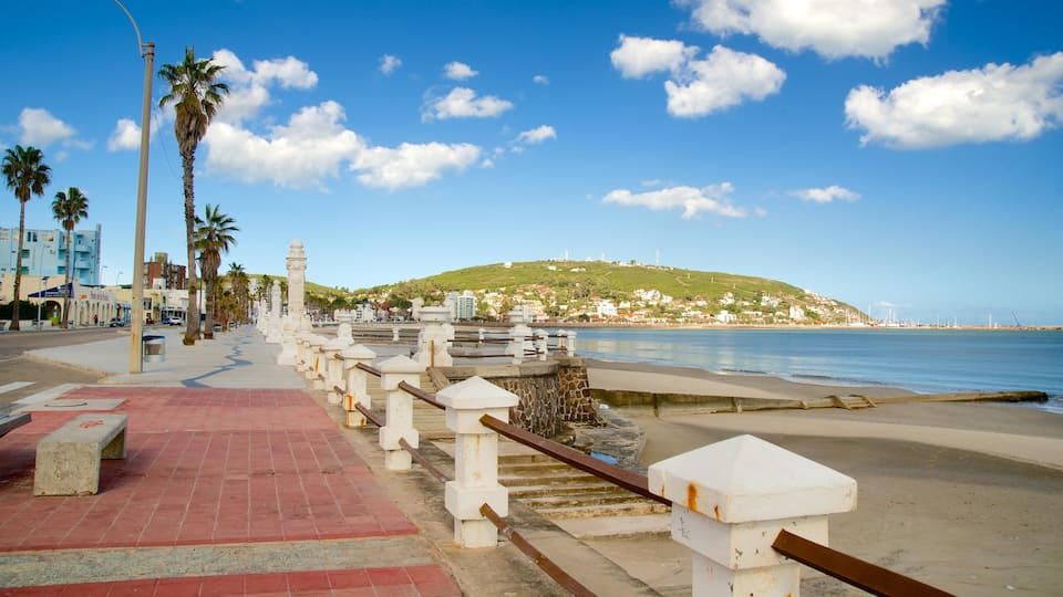 A coastal promenade with a red brick walkway, white balustrades, palm trees, and a hill with buildings in the background.