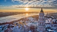 Orange sunset and cloud over cityscape Kiev, Ukraine, Europe