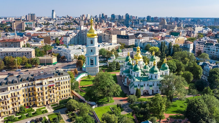 Aerial top view of St Sophia cathedral and Kiev city skyline from above, Kyiv cityscape, capital of Ukraine