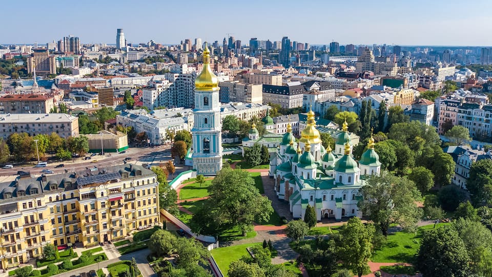 Aerial top view of St Sophia cathedral and Kiev city skyline from above, Kyiv cityscape, capital of Ukraine