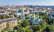 Aerial top view of St Sophia cathedral and Kiev city skyline from above, Kyiv cityscape, capital of Ukraine