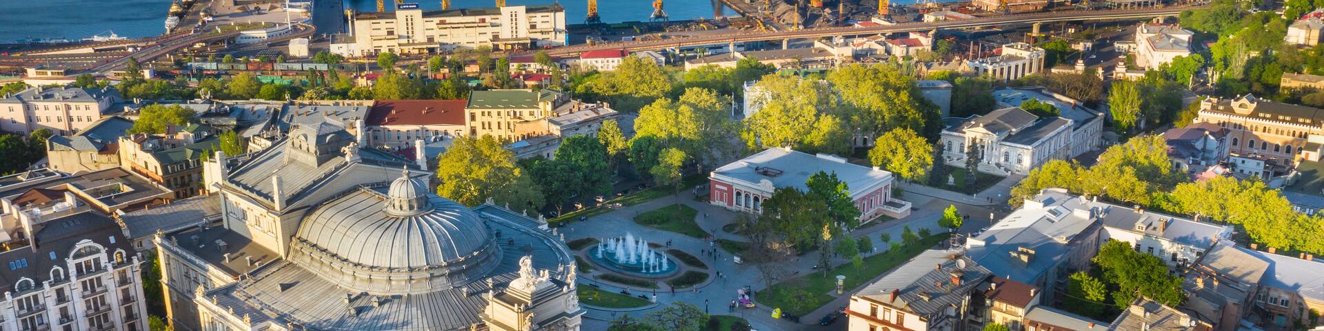 aerial view to streets and port in Odessa in Ukraine