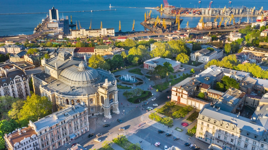 aerial view to streets and port in Odessa in Ukraine