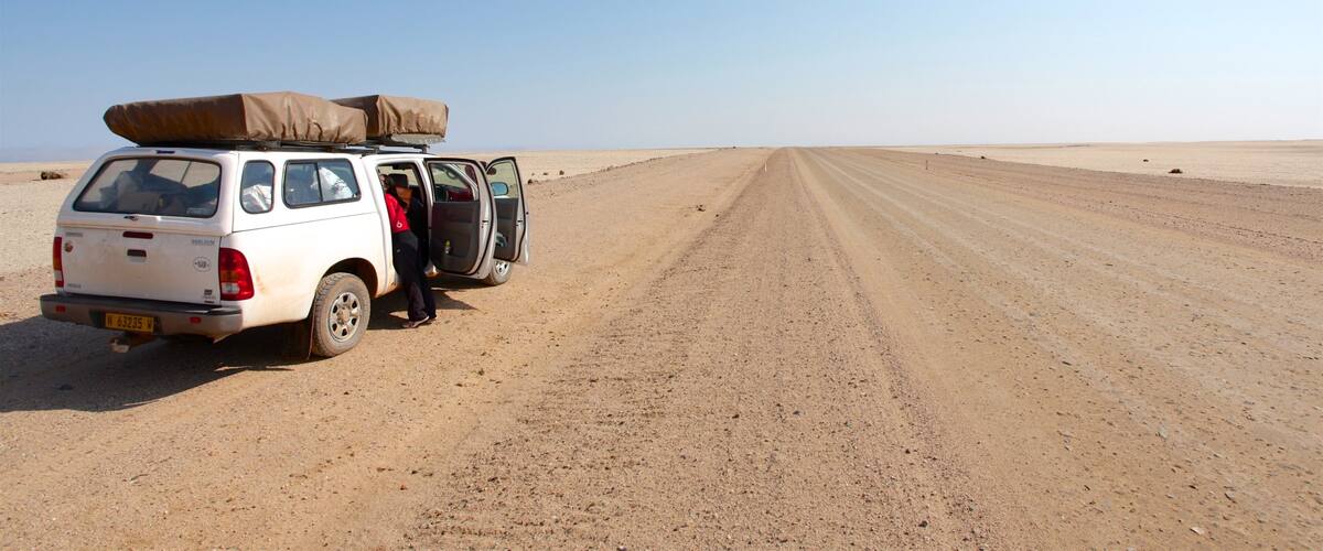 A white van with a large brown cover on the back parked on a dirt road in a desert.