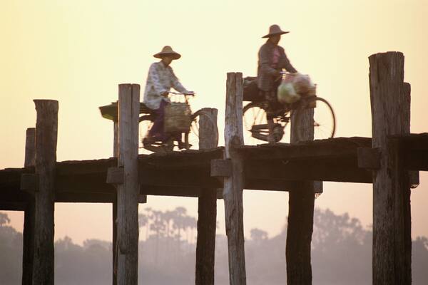 Two People Cycling on Ubein Bridge, Mandalay, Myanmar