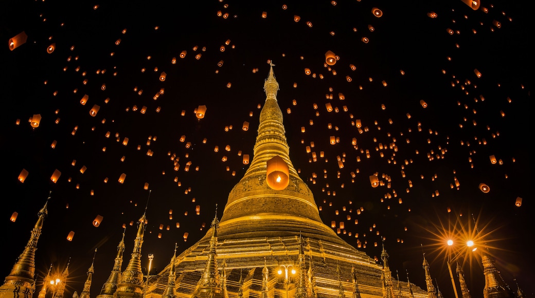 Lanterns over Shwedagon temple by night, Yangon, Myanmar