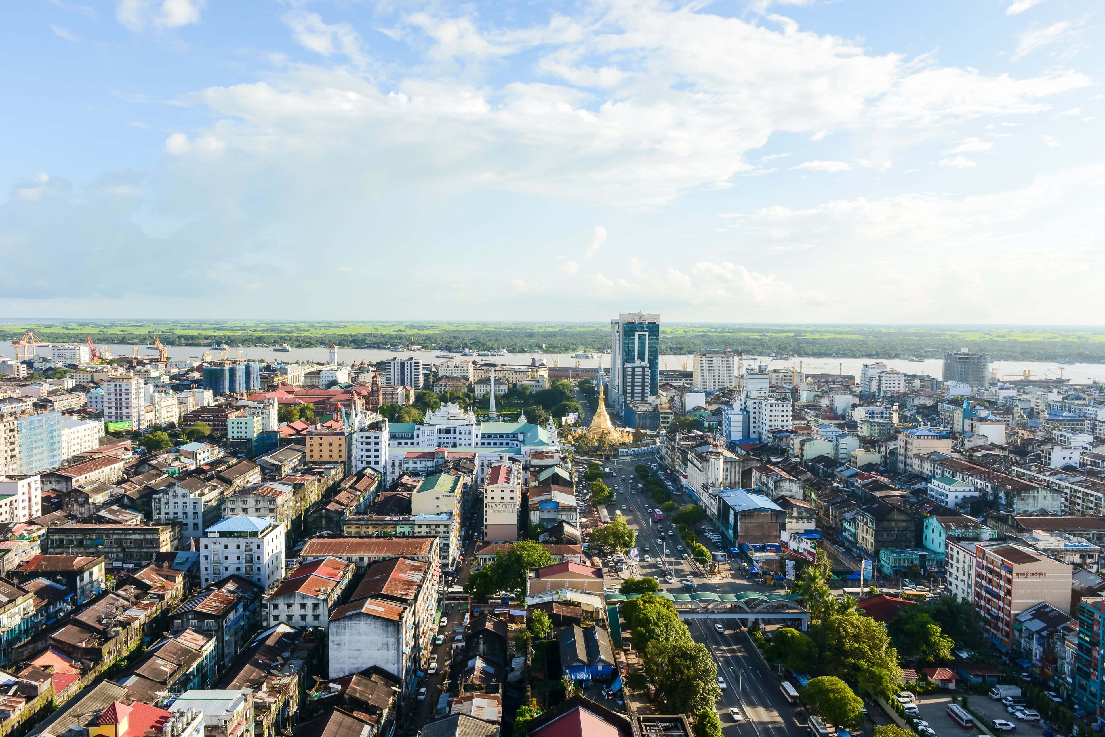 Aerial view of Sule pagoda in downtown, Yangon, Myanmar. Sule Pagoda located in the heart of Yangon