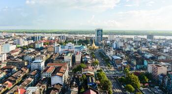 Aerial view of Sule pagoda in downtown, Yangon, Myanmar. Sule Pagoda located in the heart of Yangon