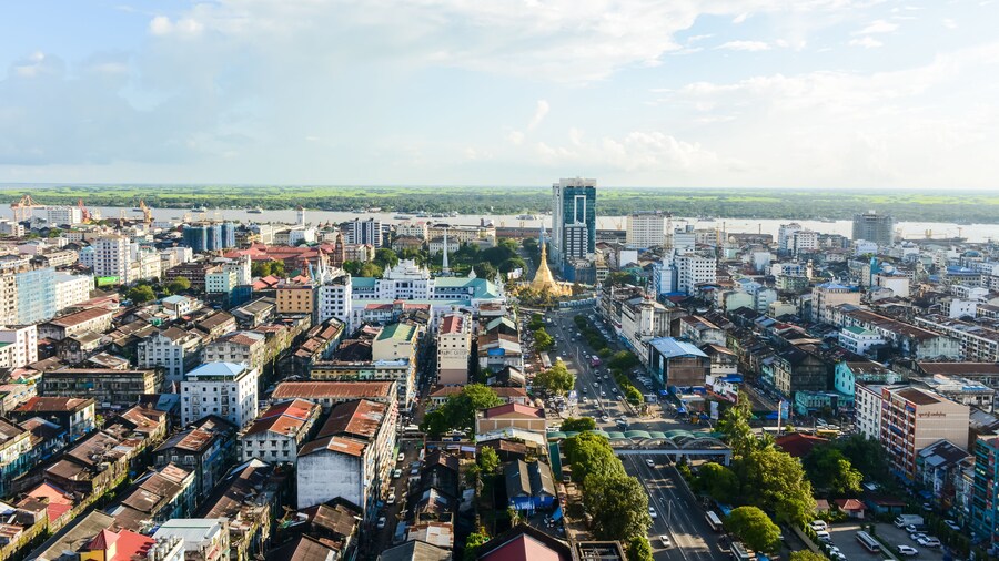 Aerial view of Sule pagoda in downtown, Yangon, Myanmar. Sule Pagoda located in the heart of Yangon