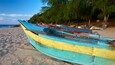 Una hilera de botes coloridos en una playa arenosa, con árboles al fondo.