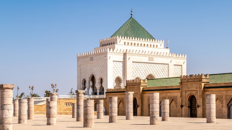 View at the Mausoleum of Mohammed V with Almohad Mosque ruins in Rabat, Morocco