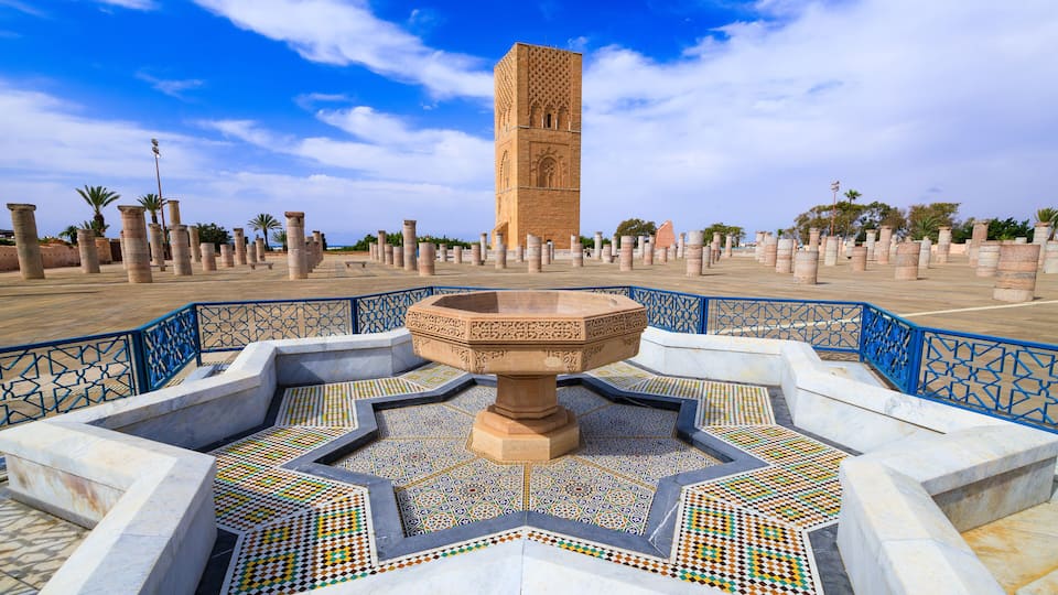 Rabat, Morocco. Hassan Tower a popular tourist attraction and a UNESCO World Heritage Site.