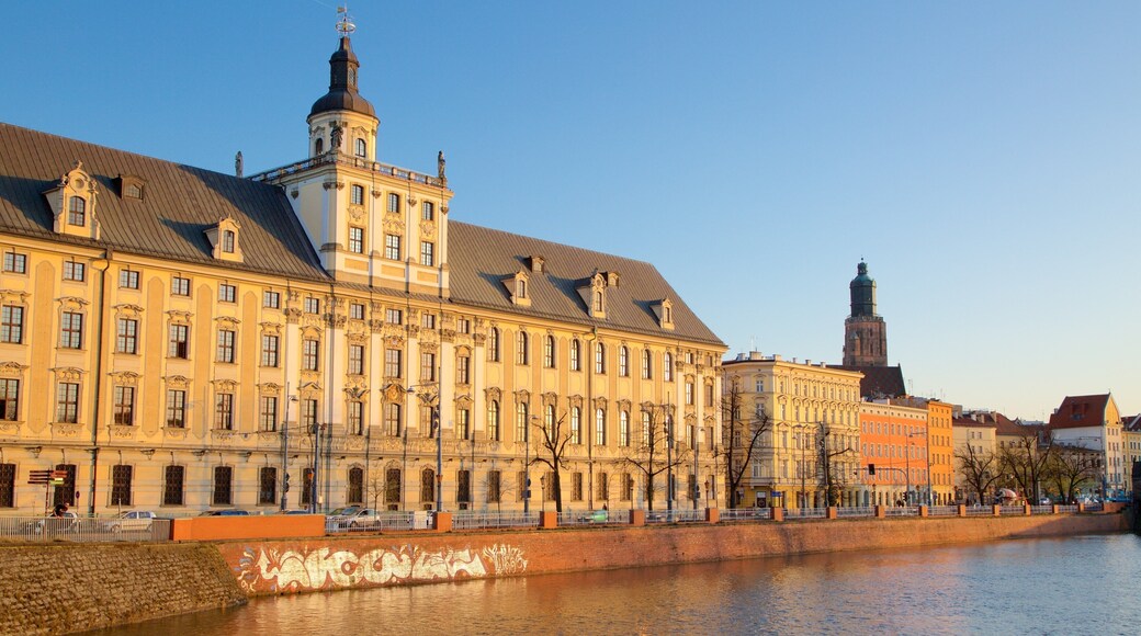 Wroclaw University which includes heritage architecture and a river or creek