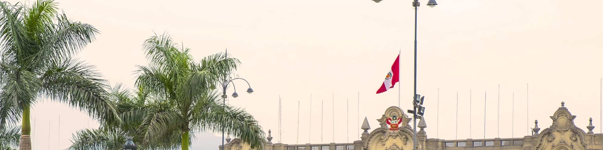 A historic building with ornate architecture, palm trees, and a flag.