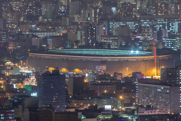 Aerial view of the National stadium in the Peruvian capital Lima from San Cristobal hill night timelapse