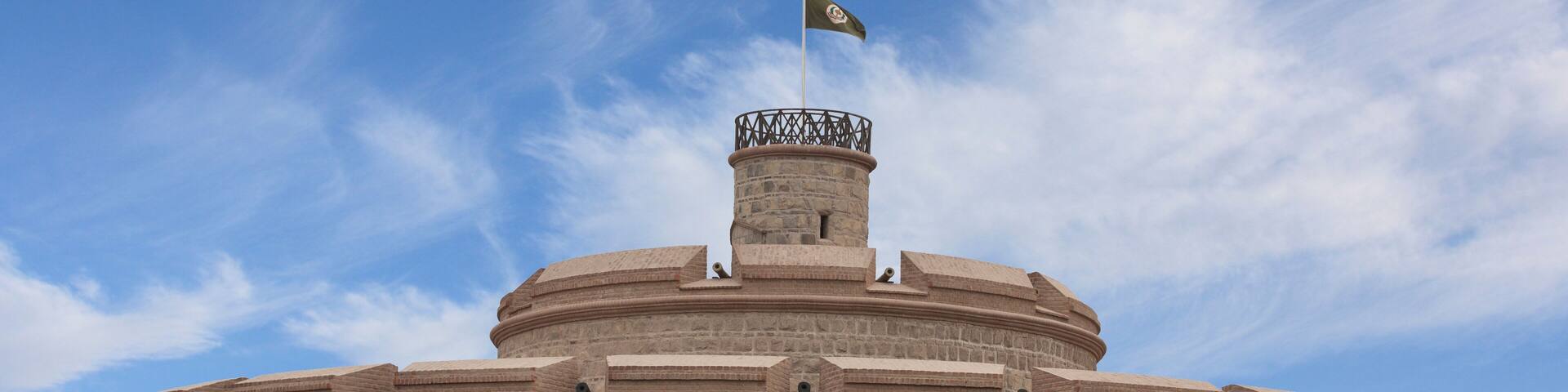 A historic stone fortress with a flag on top, palm trees in the foreground, and a clear blue sky.