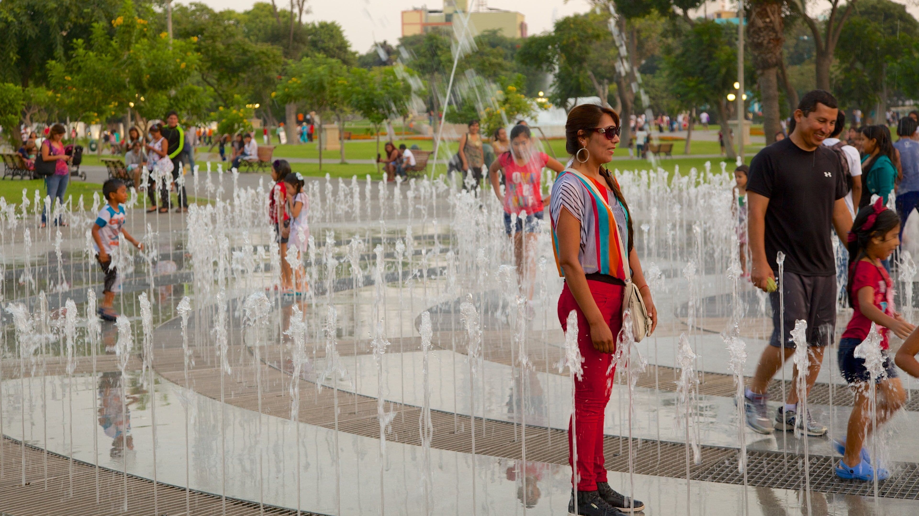 Exposition Park which includes a park and a fountain as well as a large group of people